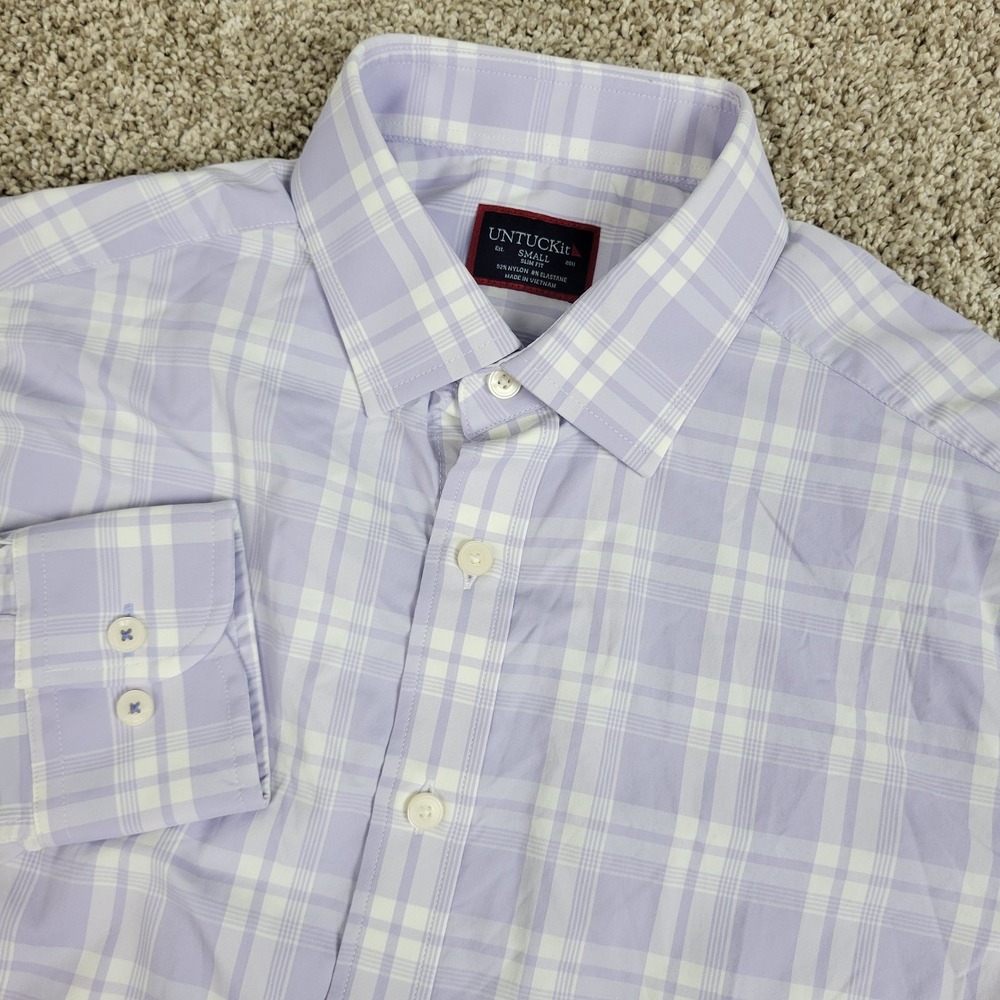 Untuckit Slim Fit Mens Small Purple White Plaid Performance Stretch Button Up LS